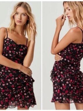 For Love & Lemons Hawn Ruched Floral Ruffle Mini Dress